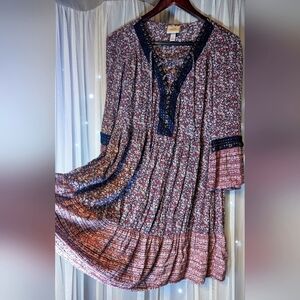 Knox Rose Dress Size S Peasant Front Lace Up Floral Boho Western